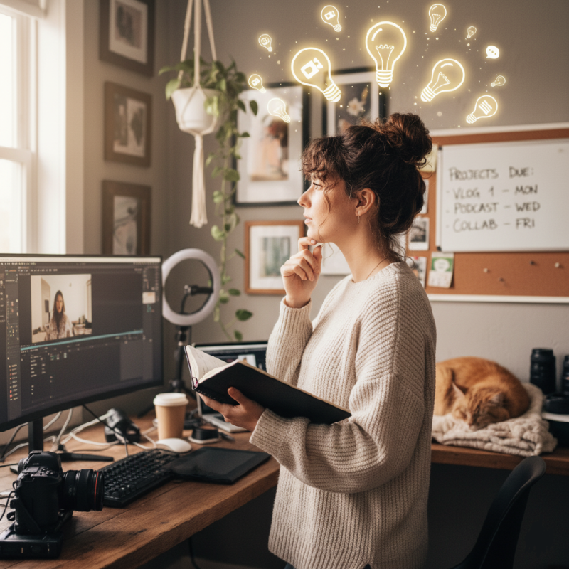 Content creator editing video at desk.
